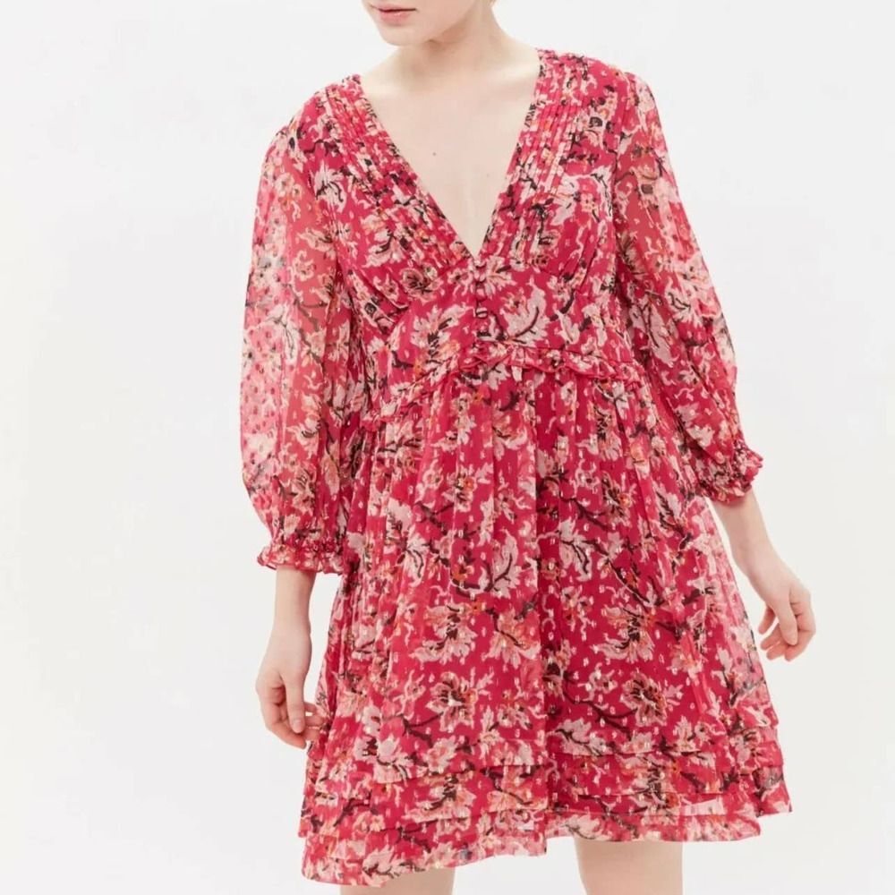 Urban Outfitters Floral V-Neck Chiffon Pleated Quarter Sleeve Mini Dress S